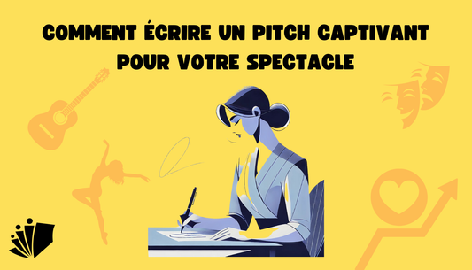 Illustration d'une artiste d'une artiste du spectacle vivant qui écrit le pitch de son spectacle